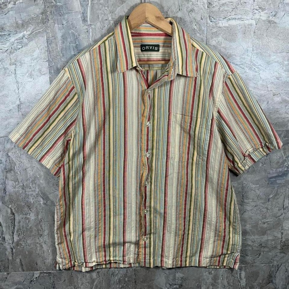 Orvis Shirt Mens Large Multicolor Stripe Short Sleeve Button Front Cotton Casual